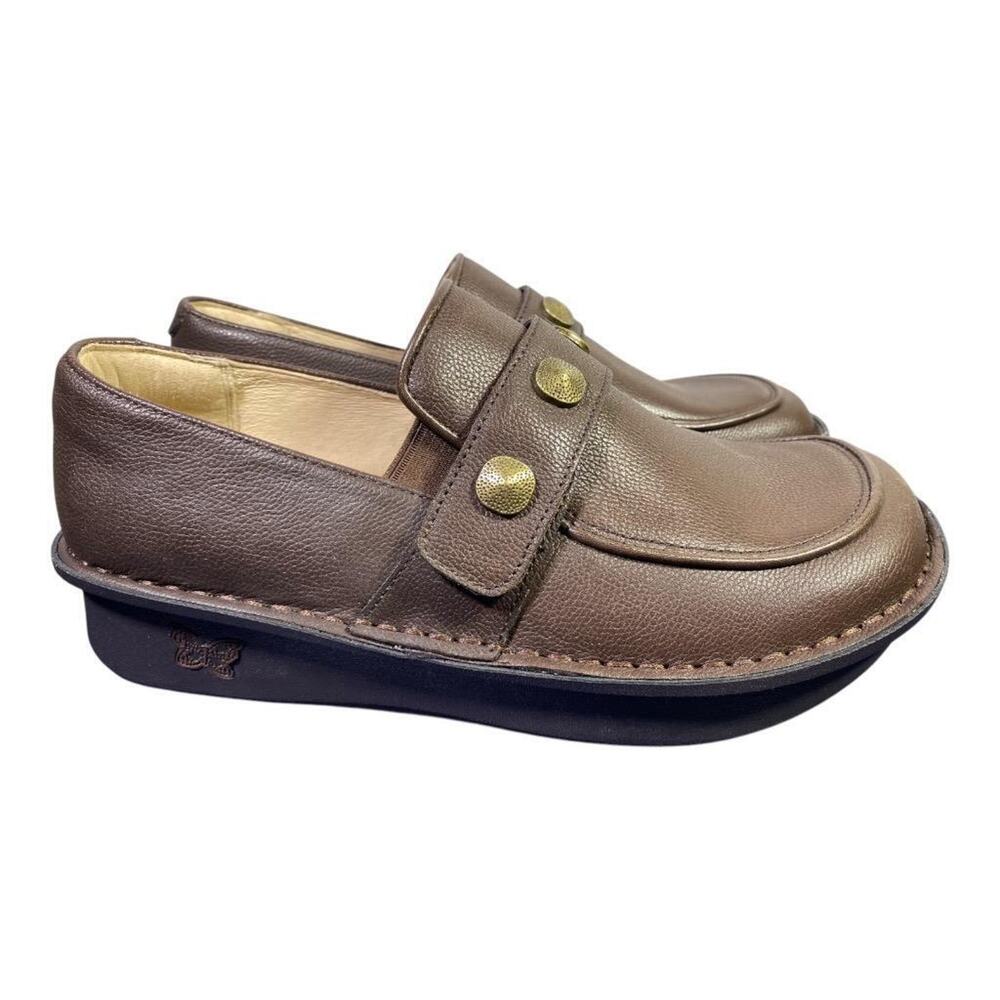 Alegria Brown Leather Slip-On Clogs with Gold Buttons